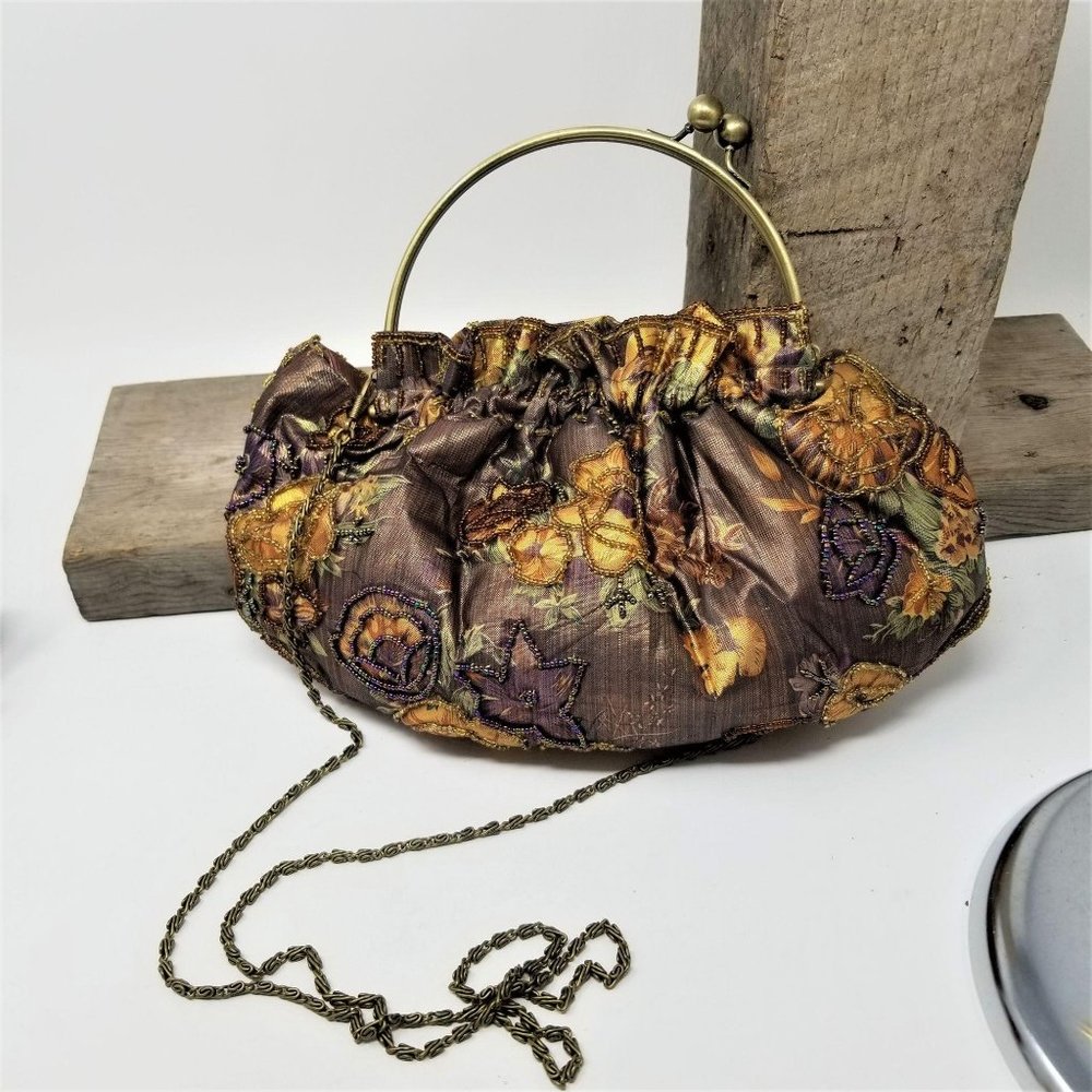 Metalic Beaded Purse 2 Handles Floral - Picture 5 of 9